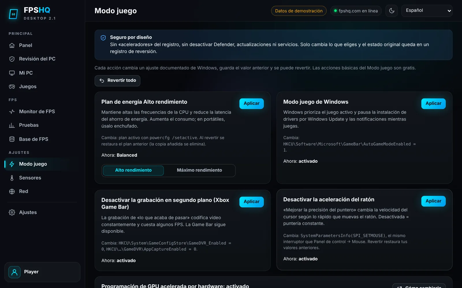 Modo juego seguro — Captura de la app con datos de demostración