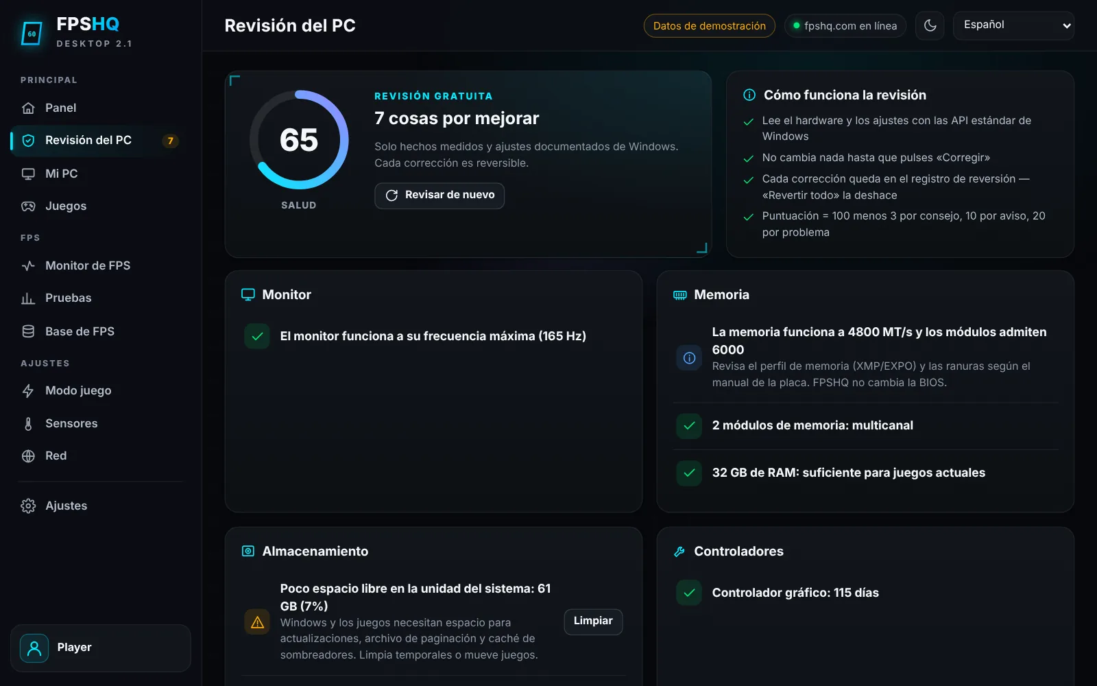 Revisión del PC para jugar — Captura de la app con datos de demostración
