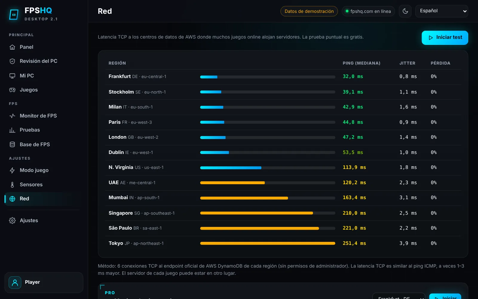 Ping a regiones de juego — Captura de la app con datos de demostración