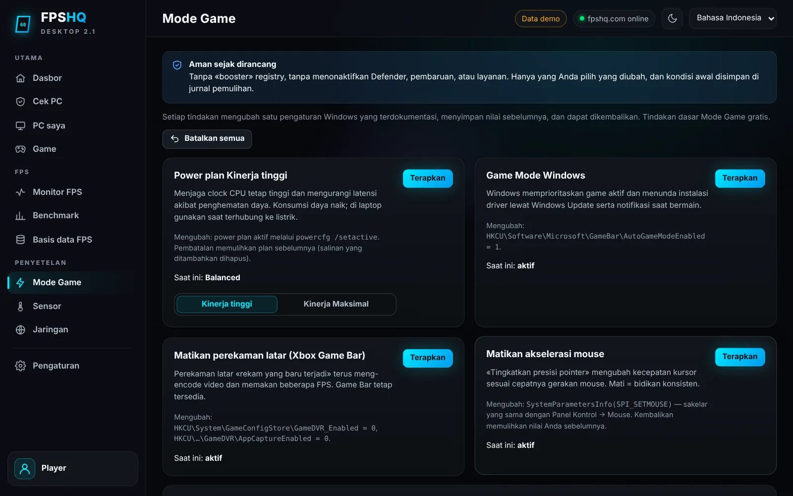 Mode Game yang aman — Tangkapan layar aplikasi dengan data demo