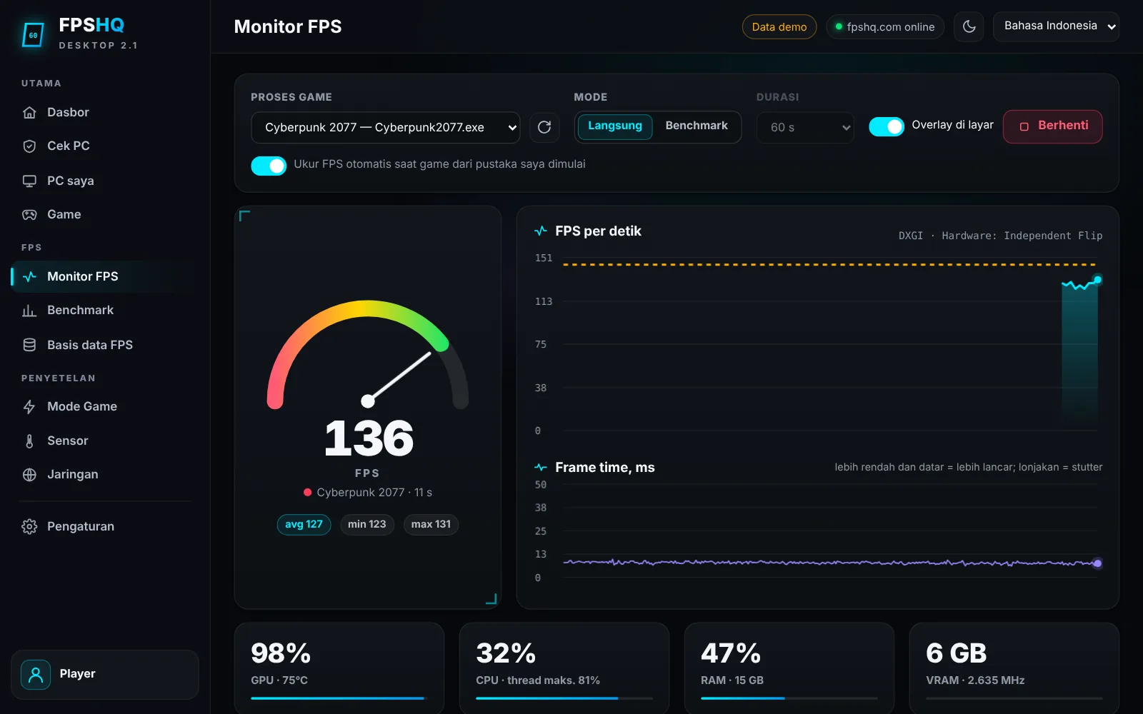 Pengukuran FPS yang jujur — Tangkapan layar aplikasi dengan data demo
