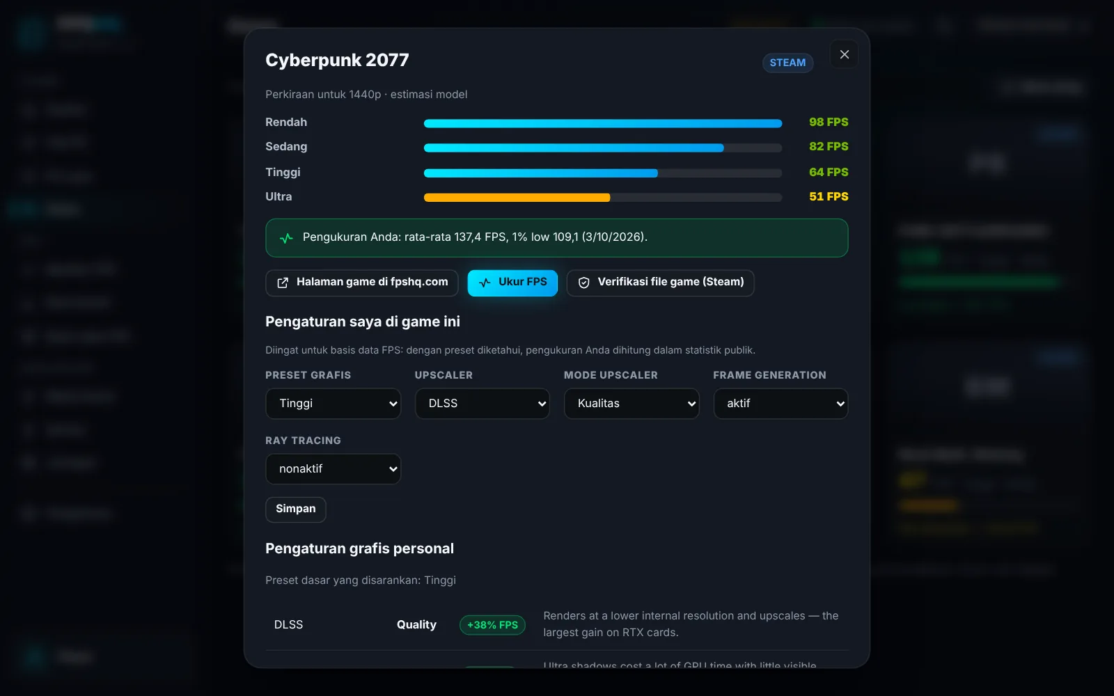 Pengaturan grafis pribadi — Tangkapan layar aplikasi dengan data demo