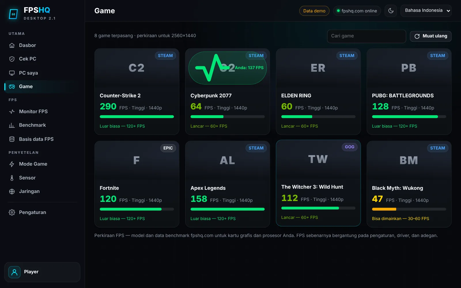 «Kuat nggak» untuk game kamu — Tangkapan layar aplikasi dengan data demo