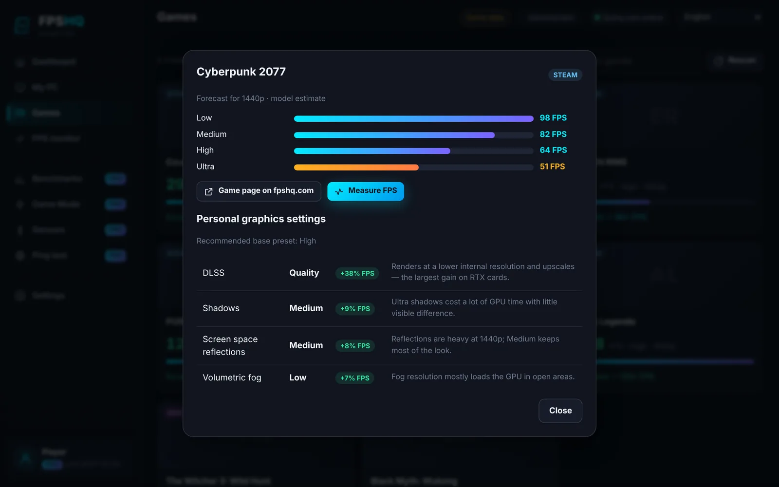 Example FPSHQ Pro graphics settings screen